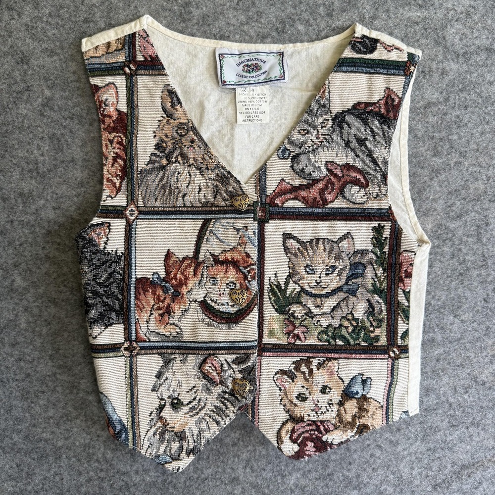 Vintage Imaginations Vest Girl's 6X Multicolor Novelty Cat Tapestry Button Front